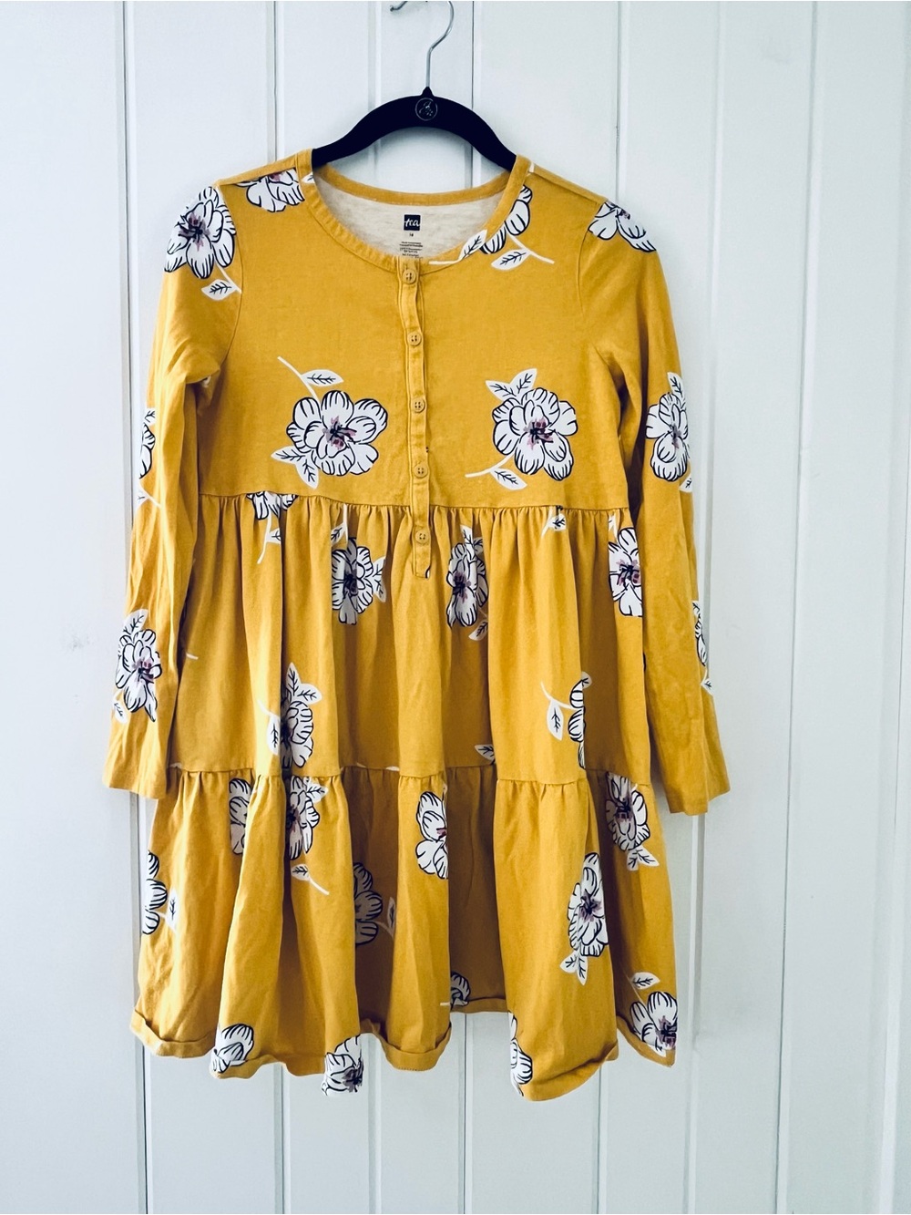 GreenTea Mustard Floral Tiered Button-Front Girls Dress, Sz 14